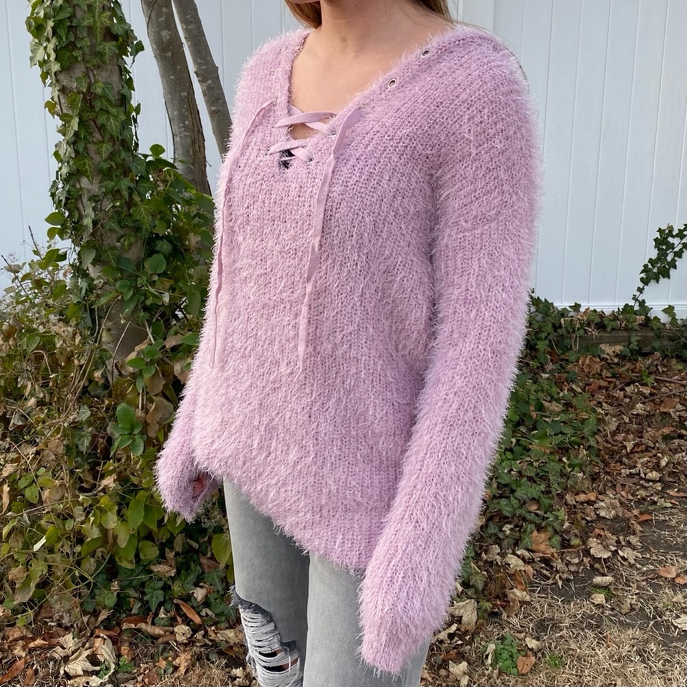 AMP Super Fuzzy Lavender Hoodie Sweater w/ Lacing at Neck